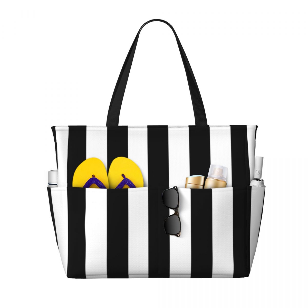 Yoga Fitness Tote - Black White Stripe Beach Tote Bag