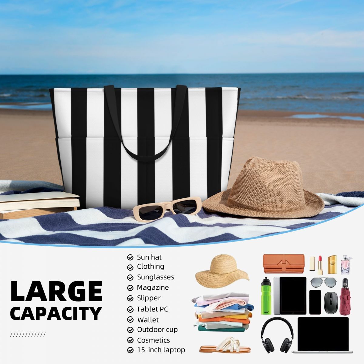 Black White Stripe Beach Tote  - Yoga Fitness Tote review and price